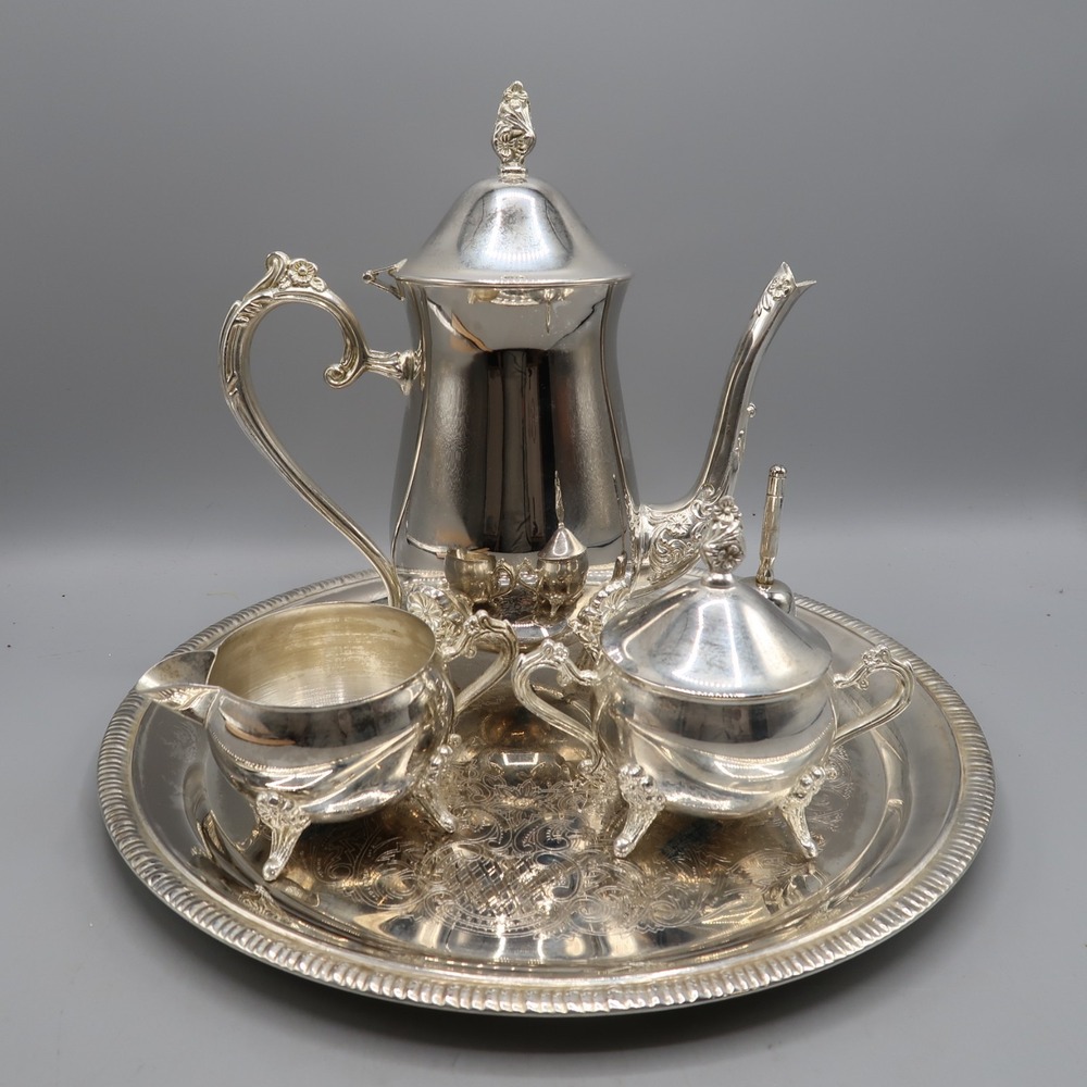 Vintage International Silver Tea Set Silverplate Teapot Creamer Sugar Tray Bell